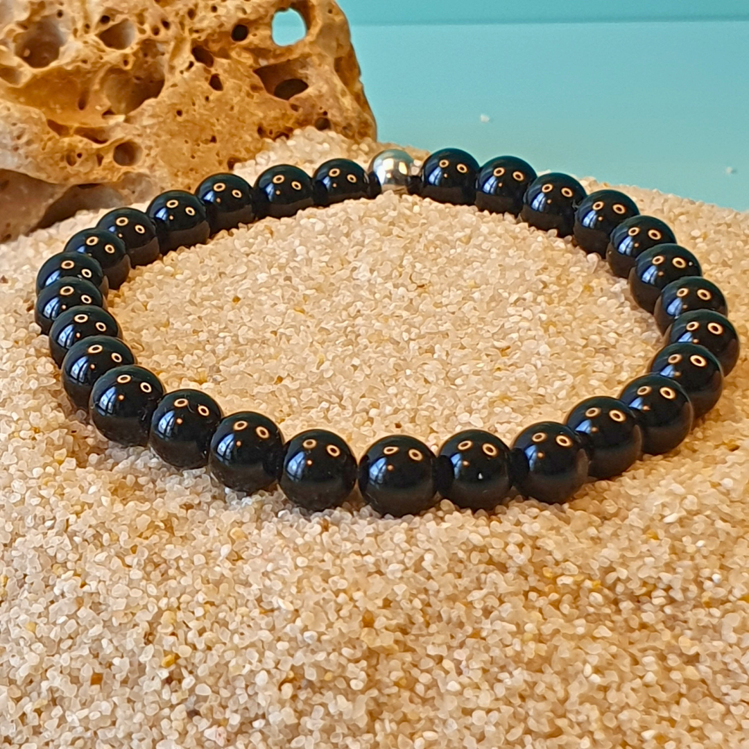 Bracelet en Perles d'Onyx avec Perle en Acier Inoxydable | Fait Main à Reims