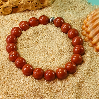 Bracelet en Perles de Jaspe Rouge avec Perle en Acier Inoxydable | Fait Main à Reims