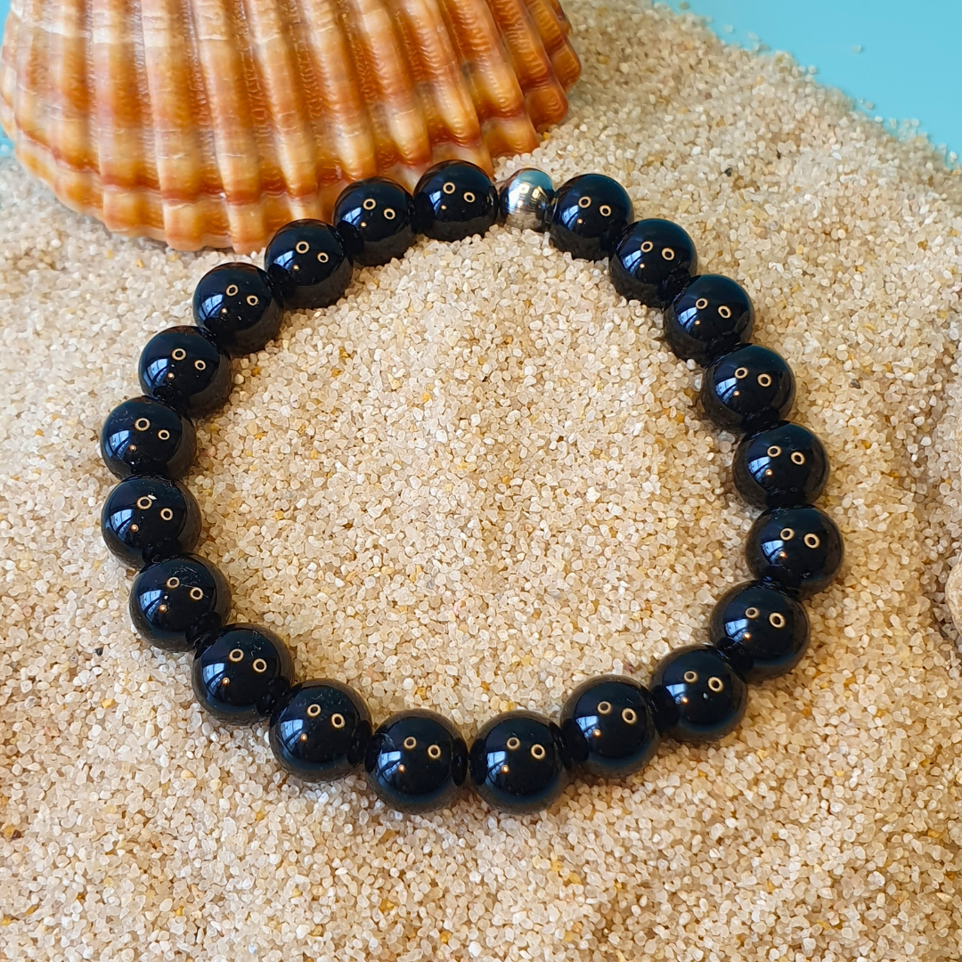 Bracelet en Perles d'Onyx avec Perle en Acier Inoxydable | Fait Main à Reims