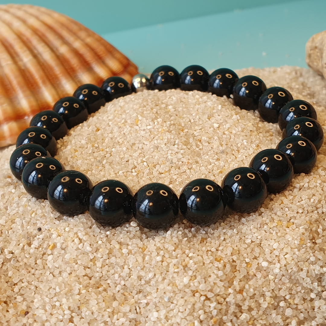 Bracelet en Perles d'Onyx avec Perle en Acier Inoxydable | Fait Main à Reims