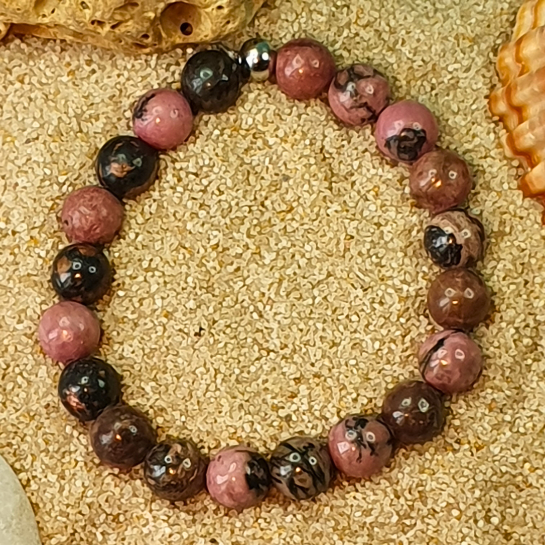 Bracelet en Perles de Rhodonite avec Perle en Acier Inoxydable | Fait Main à Reims