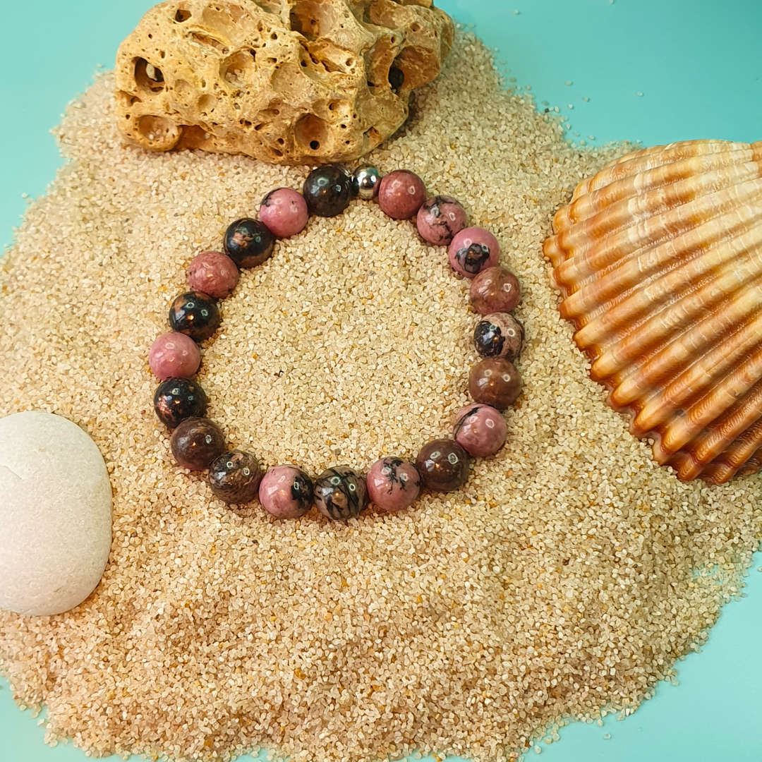 Bracelet en Perles de Rhodonite avec Perle en Acier Inoxydable | Fait Main à Reims